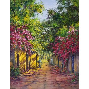 Hanif Shahzad, Floral Street I, 21 x 28 Inch, Oil on Canvas, Cityscape Painting, AC-HNS-061